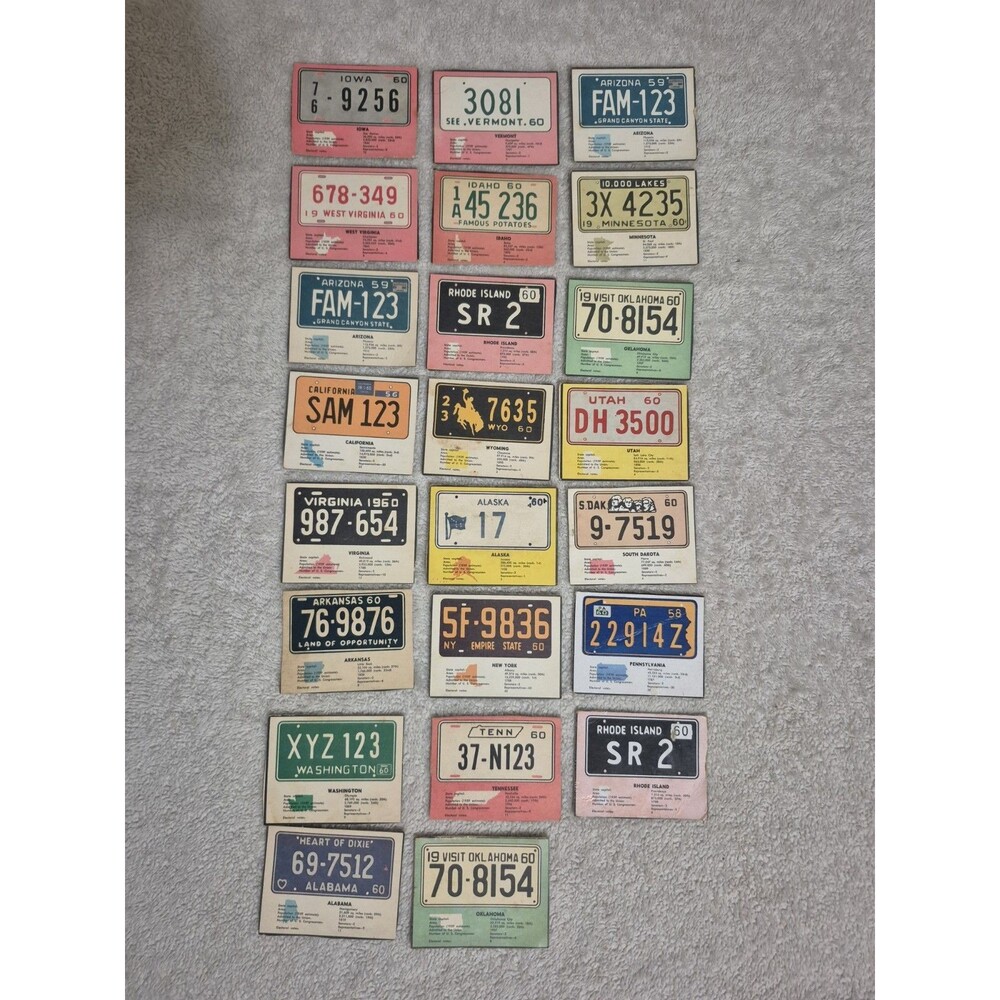 1960 Post Cereal License Plates 21 Card Lot Vintage 50 State Set Blank Backs